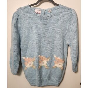 Vtg Hand Knit Liz Thomas Women's Med Pastel Blue 3/4 Sleeve Sweater Keyhole Back
